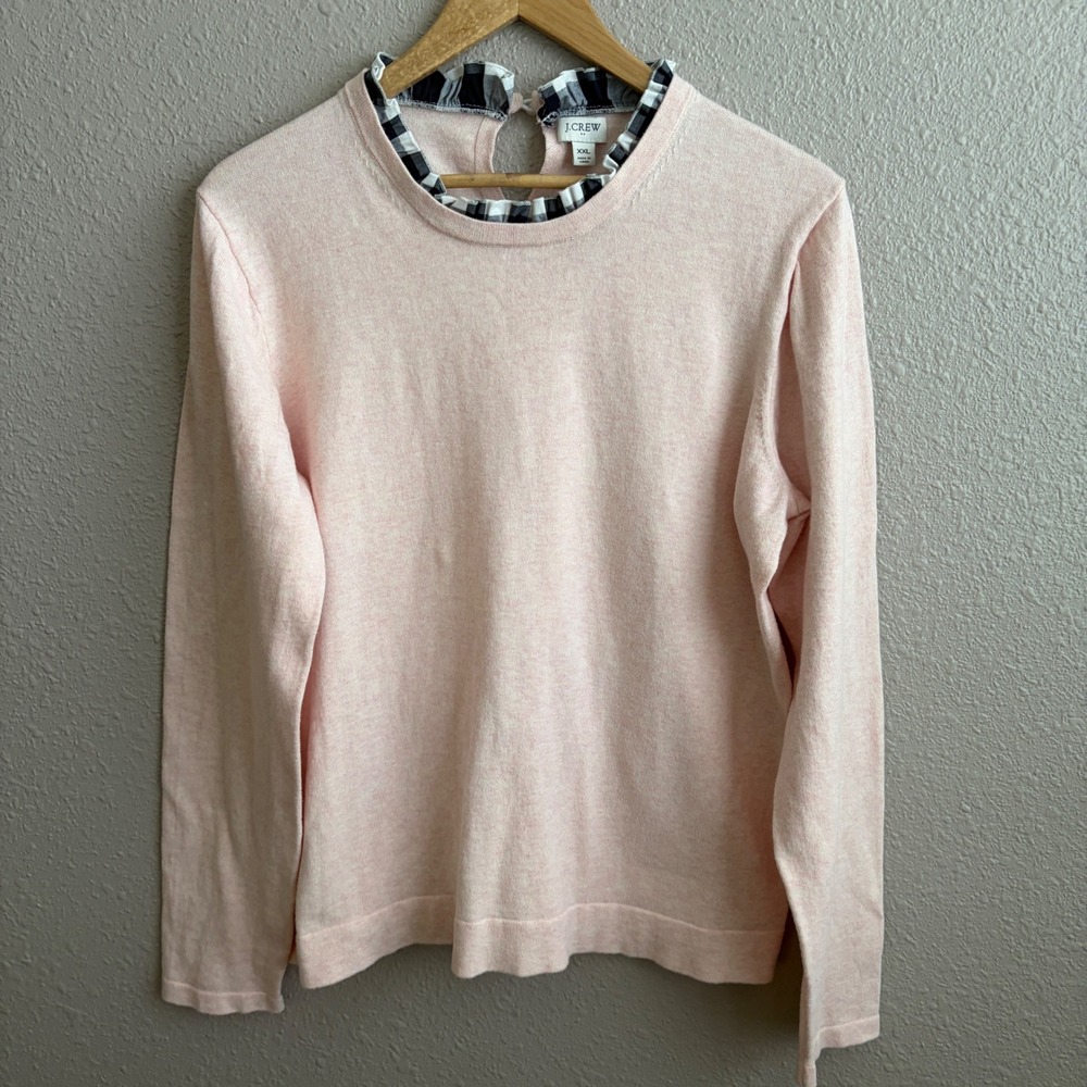 J. Crew Pink Long Sleeve Cotton Plaid Ruffle Collar Lightweight Sweater XXL